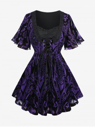 Plus Size Floral Flocking Grommets Lace-up Ruched Ruffles Lace Trim Top - PURPLE - M | US 10