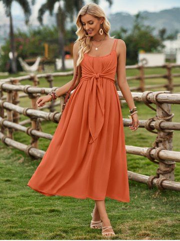 Solid Color Spaghetti Strap Front Tie Ruched Cami Dress - ORANGE - L | US 8-10