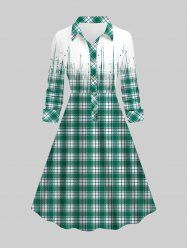 Plus Size Turn-down Collar Asymmetric Plaid Print Half Buttons Shirted A Line Dress -  