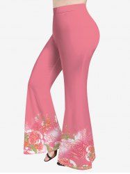 Plus Size Rose Flower Leaf Print Valentines Ombre Pull On Flare Pants -  