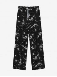 Gothic Cats Moon Stars Print Wide Leg Drawstring Sweatpants For Men -  