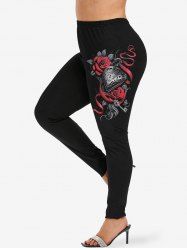 Plus Size Rose Flower Heart Pendant Ribbons 3D Print Leggings -  