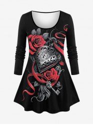 Plus Size Valentine's Day Rose Flower Ribbons Heart Pendant 3D Print Long Sleeve T-shirt -  