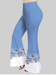 Plus Size Ombre Colorblock Flowers Leaf Print Flare Pants -  