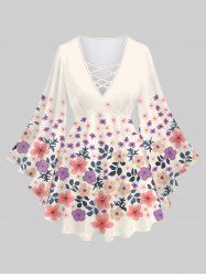 Plus Size Colorful Peach Blossom Flowers Leaf Print Lattice Crisscross Flare Sleeve Top -  