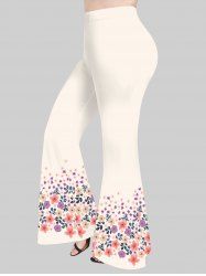 Plus Size Colorful Peach Blossom Flowers Leaf Print Flare Pants -  