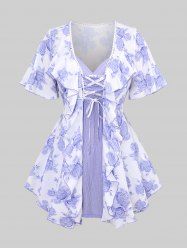 Plus Size Rose Flower Print Lace Trim Lace-up Ruffles Blouse and Ruched Ribbed Textured Cami Top -  