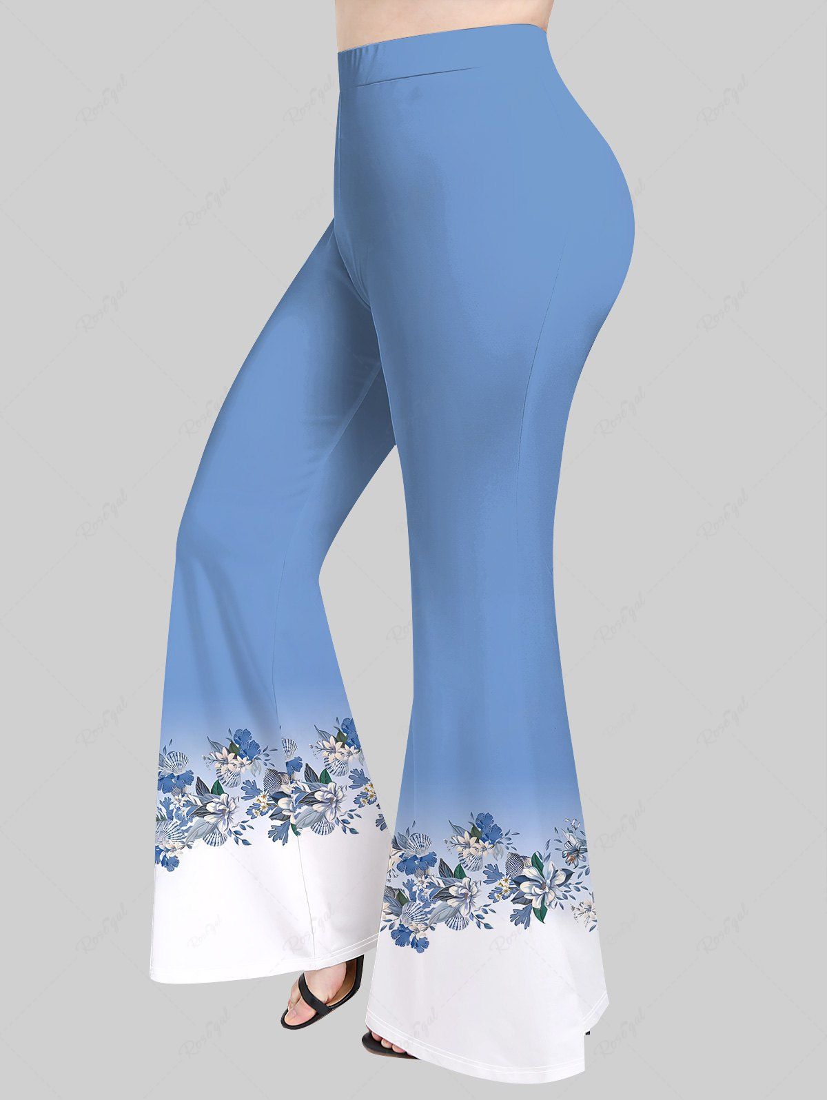 Pantalon Évasé Ombré Imprimé Feuilles et Fleurs Grande Taille Bleu M