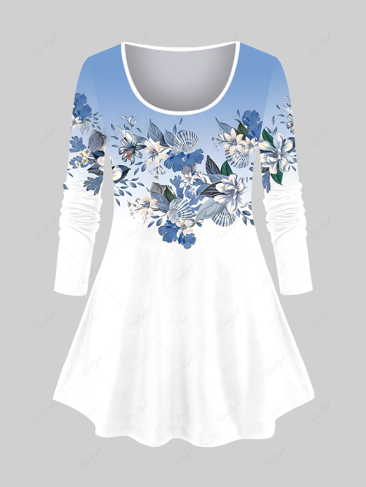 T-shirt Ombré Feuille Fleur Imprimée en Blocs de Couleurs à Manches Longues de Grande Taille Bleu 6X