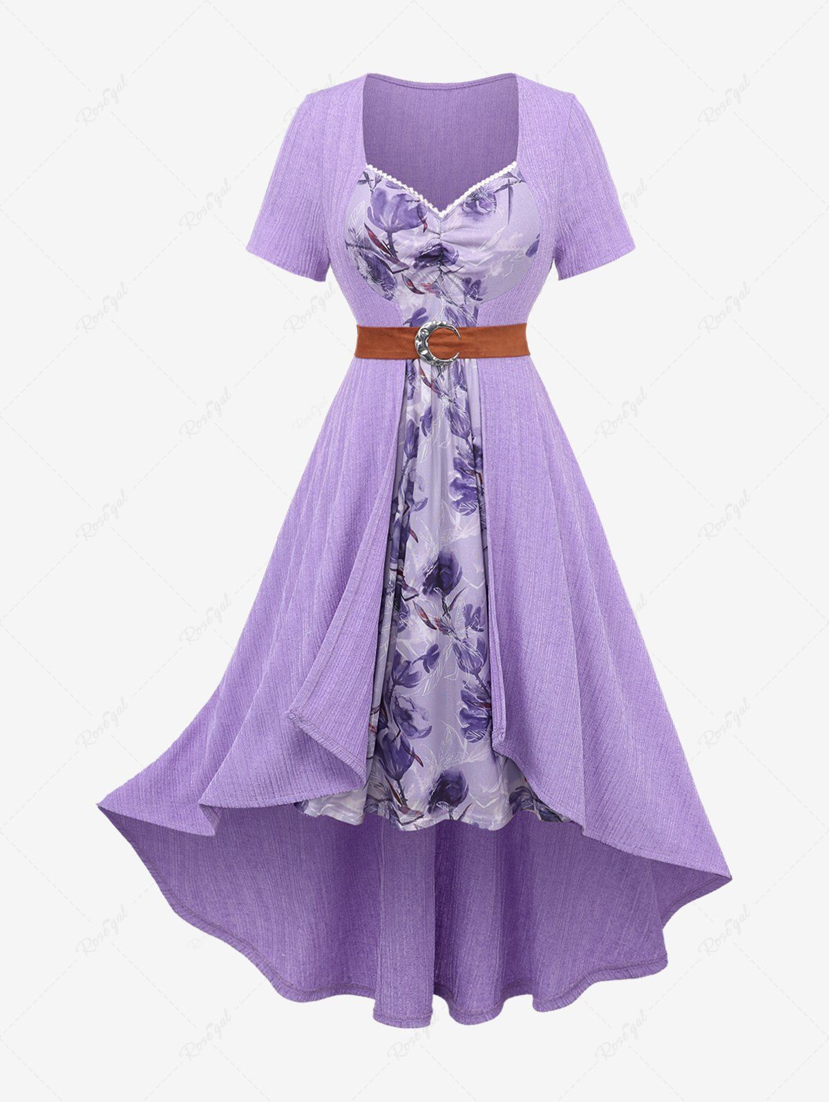 Fancy Plus Size Lace Trim Ruched Flower Print Mesh Patchwork Moon Buckle Belted High Low 2 In 1 Dress  