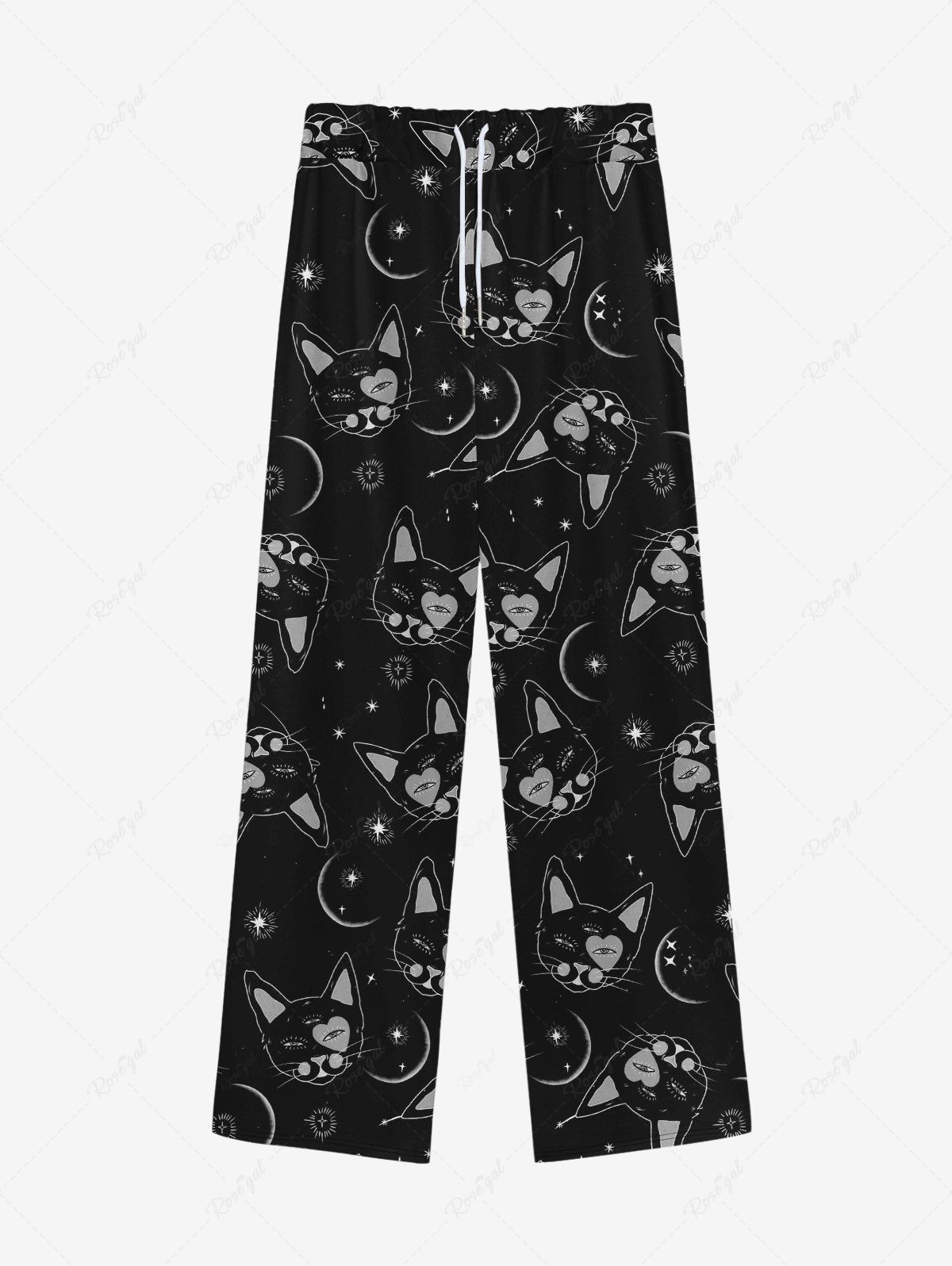 Latest Gothic Cats Moon Stars Print Wide Leg Drawstring Sweatpants For Men  
