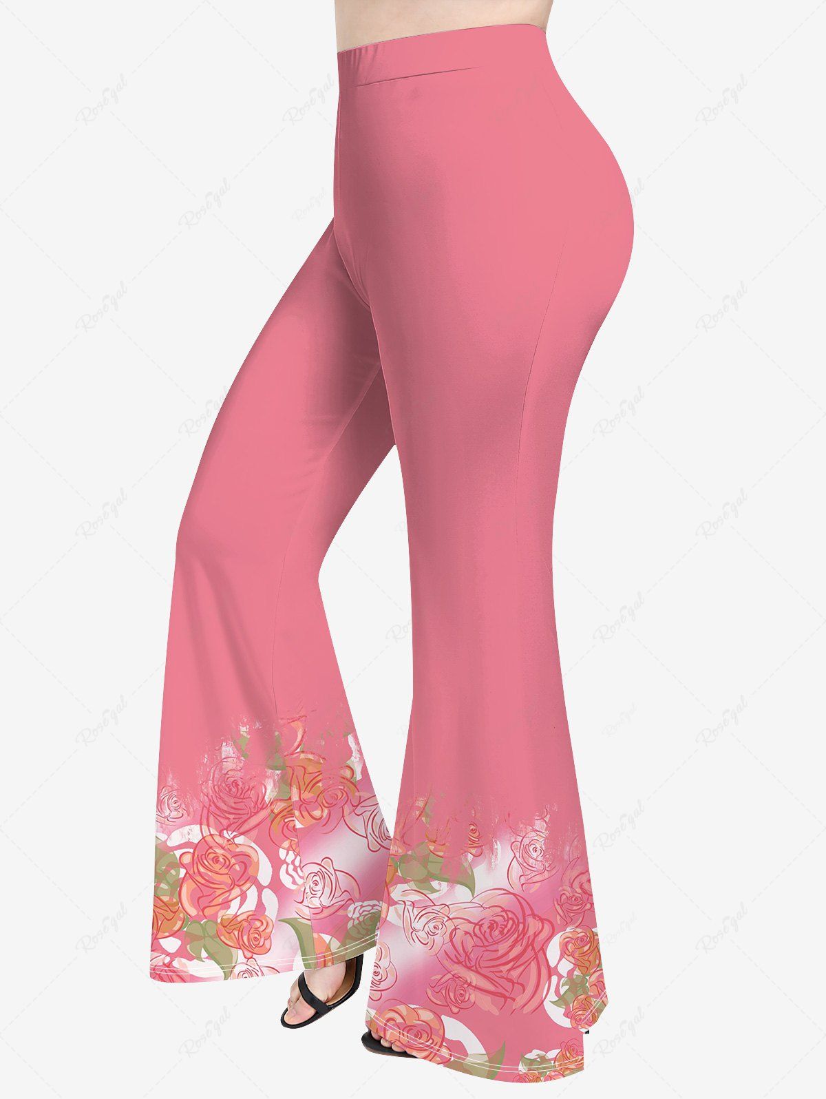 Latest Plus Size Rose Flower Leaf Print Valentines Ombre Pull On Flare Pants  