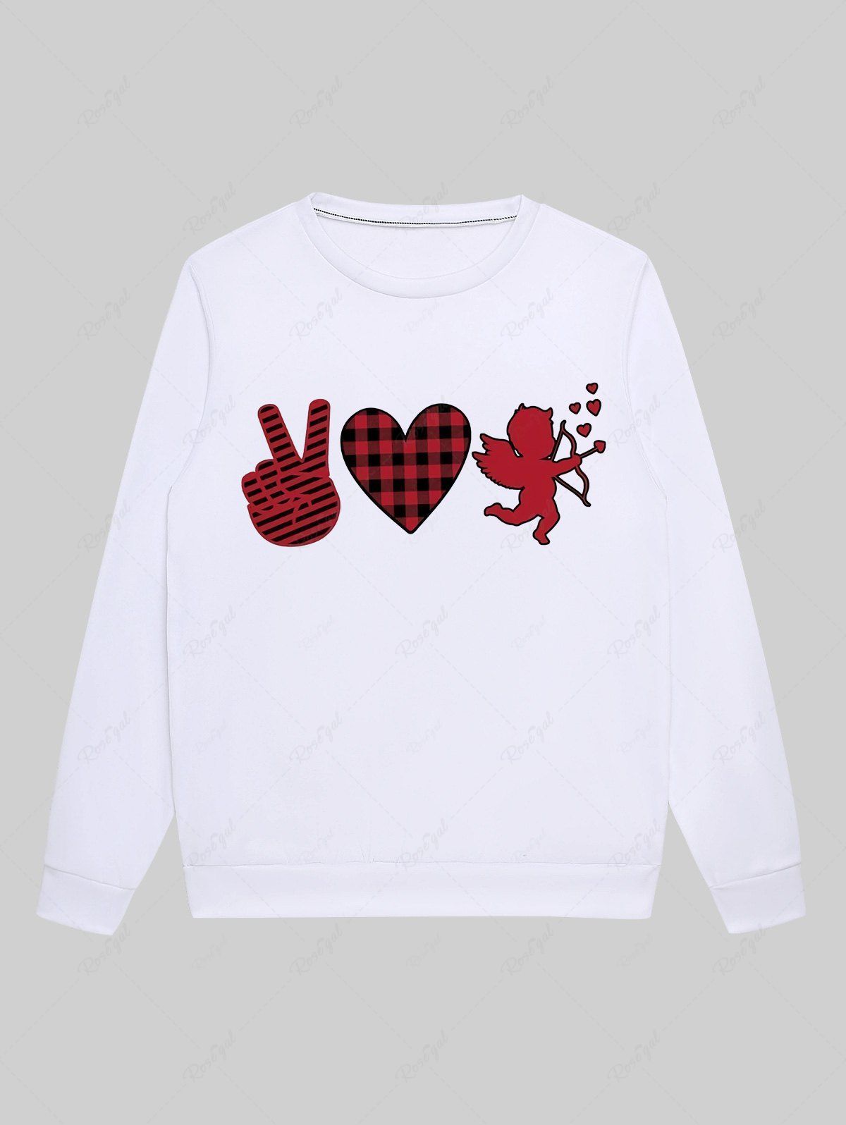 Outfit Gothic Plaid Heart Victory Gesture Cupid Print Fleece Lining Sweatshirt For Men  