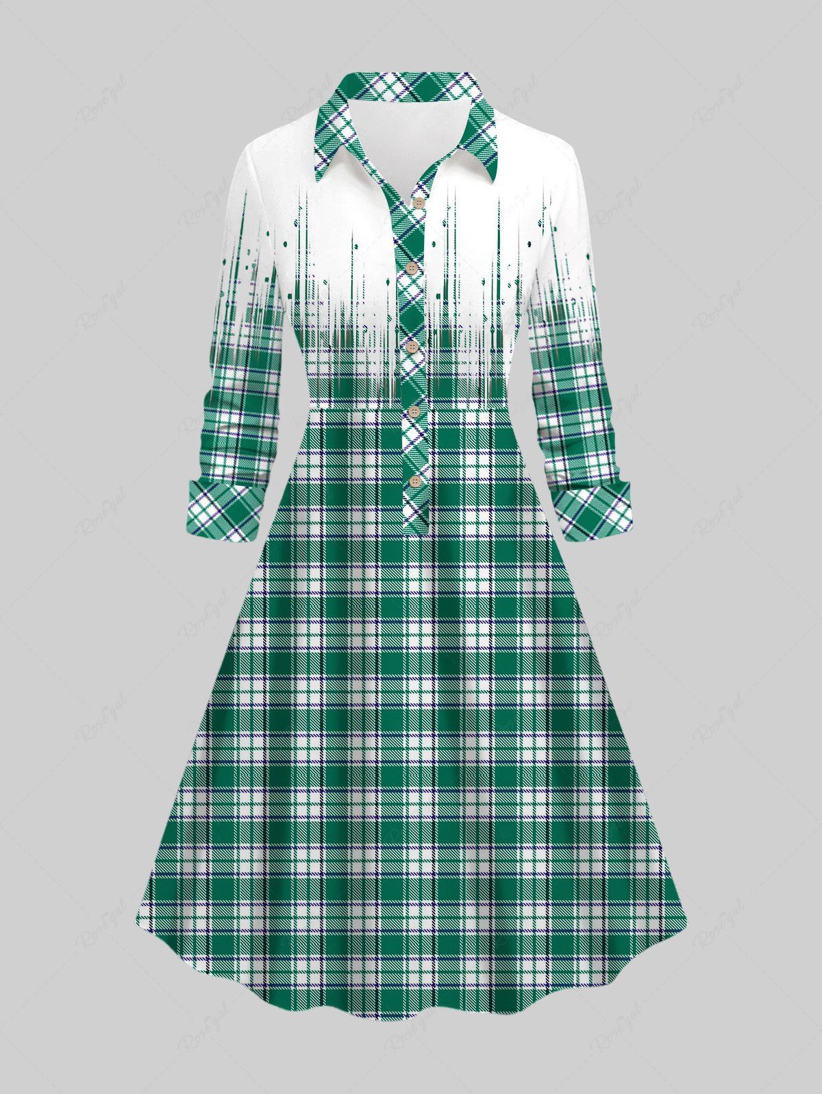 Chic Plus Size Turn-down Collar Asymmetric Plaid Print Half Buttons Shirted A Line Dress  