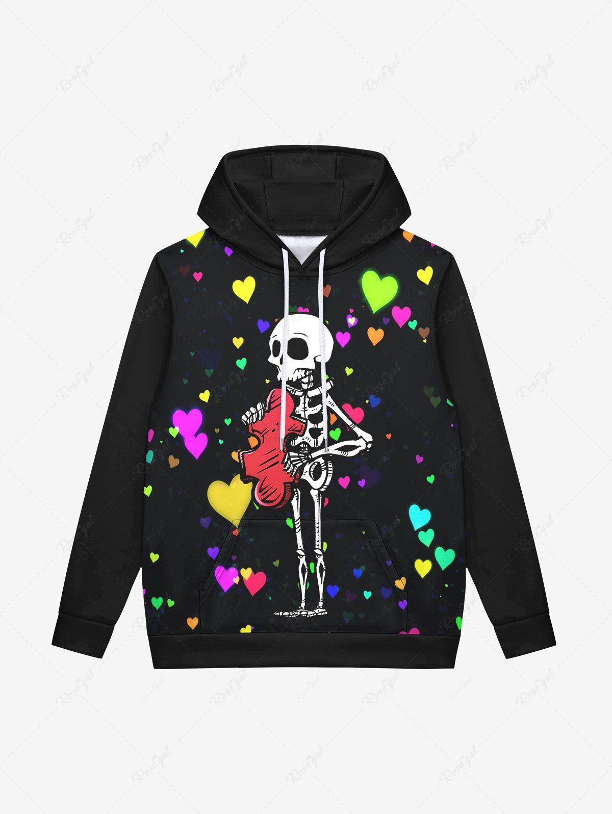 Discount Gothic Valentine's Day Heart Skull Skeleton Print Pockets Drawstring Fleece Lining Hoodie For Men  