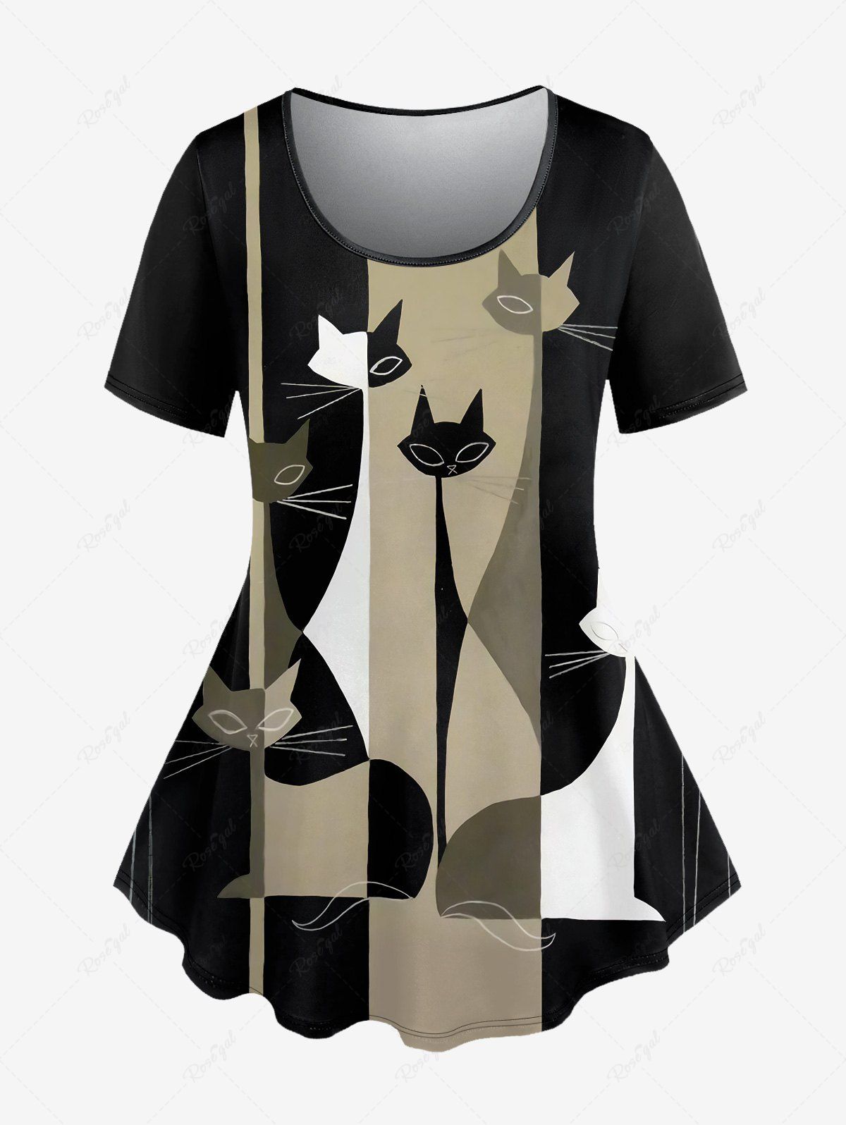 New Plus Size Cats Colorblock Glitter Print T-shirt  