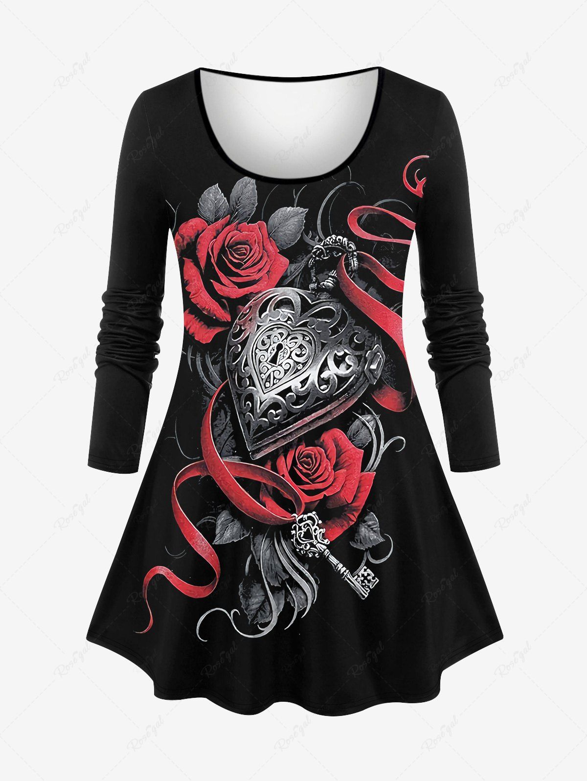 Cheap Plus Size Valentine's Day Rose Flower Ribbons Heart Pendant 3D Print Long Sleeve T-shirt  