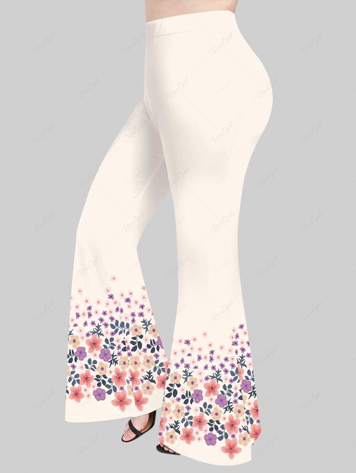 Chic Plus Size Colorful Peach Blossom Flowers Leaf Print Flare Pants  