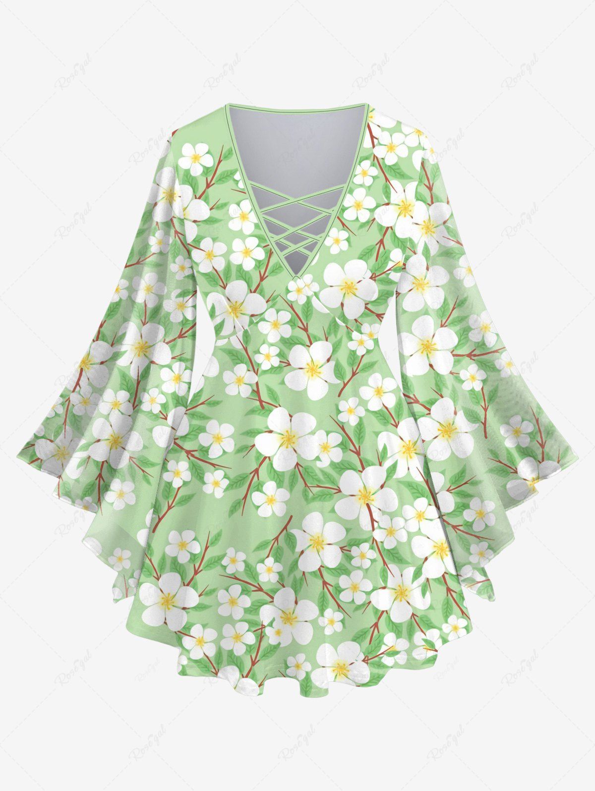 Shops Plus Size Peach Blossom Flowers Leaf Print Lattice Crisscross Flare Sleeve Top  