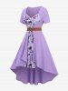 Plus Size Lace Trim Ruched Flower Print Mesh Patchwork Moon Buckle Belted High Low 2 In 1 Dress -  