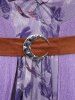 Plus Size Lace Trim Ruched Flower Print Mesh Patchwork Moon Buckle Belted High Low 2 In 1 Dress -  