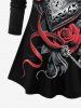 T-shirt 3D Rose et Fleur Imprimées de Grande Taille à Manches Longues - Noir 6X