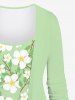 Plus Size Peach Blossom Flowers Leaf Print Asymmetrical 2 In 1 Long Sleeve T-shirt -  