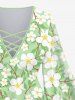 Plus Size Peach Blossom Flowers Leaf Print Lattice Crisscross Flare Sleeve Top -  