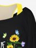 Plus Size Solid Racerback Tank Top and Sunflower Butterfly Letter Print Skew Neck Batwing Sleeves T-shirt Set -  