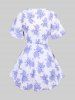 Plus Size Rose Flower Print Lace Trim Lace-up Ruffles Blouse and Ruched Ribbed Textured Cami Top -  