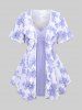 Plus Size Rose Flower Print Lace Trim Lace-up Ruffles Blouse and Ruched Ribbed Textured Cami Top -  