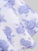 Plus Size Rose Flower Print Lace Trim Lace-up Ruffles Blouse and Ruched Ribbed Textured Cami Top -  
