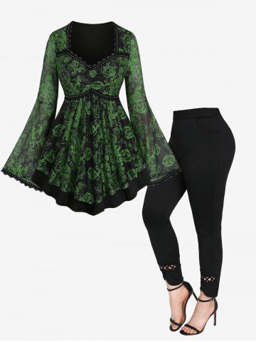 Rose Flowers Printed Rivet Lace Trim Ruched Patchwork Bell Sleeve Top and Hollow Out Lace Trim Pockets Leggings Plus Size Outfit - GREEN