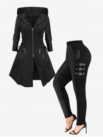 Lace Up PU Leather Patchwork Zipper Hooded Coat and PU Leather Patchwork Buckles Grommets Pockets Pants Plus Size Outfit - 黑色