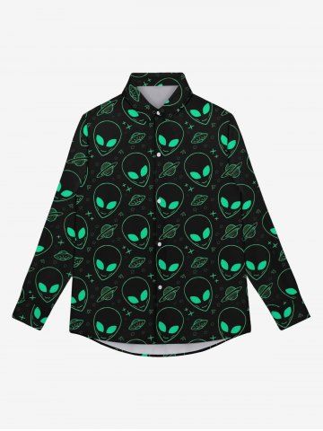 Gothic Turn-down Collar Alien UFO Planet Print Buttons Shirt For Men - BLACK - 8XL