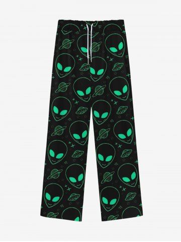 Gothic Alien UFO Planet Stars Print Drawstring Wide Leg Sweatpants For Men - BLACK - 4XL