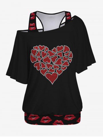 Plus Size Lip Printed Racerback Tank Top and Skew Neck Batwing Sleeves Heart Graphic Valentines T-shirt Set - BLACK - S