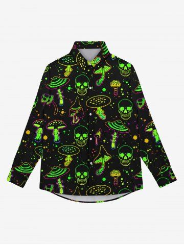 Gothic Turn-down Collar Glitter Skulls Mushrooms Print Buttons Shirt For Men - BLACK - 5XL