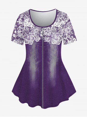 Plus Size 3D Floral Lace Applique Zipper Distressed Denim Print Short Sleeves T-shirt - CONCORD - S