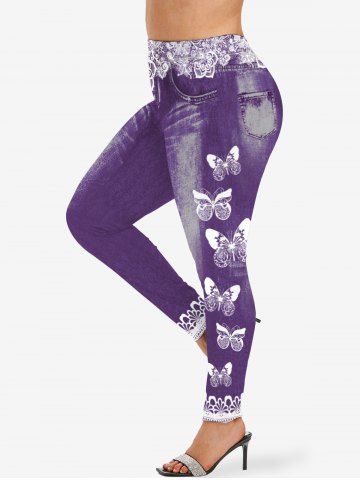 Plus Size 3D Floral Lace Applique Butterfly Distressed Denim Pocket Print Skinny Leggings - CONCORD - XS