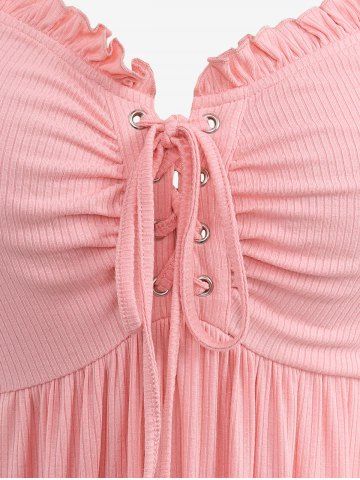 Plus Size Grommets Lace Up Ripped Braided Sleeve Ruffles Ruched Ribbed Textured T-shirt