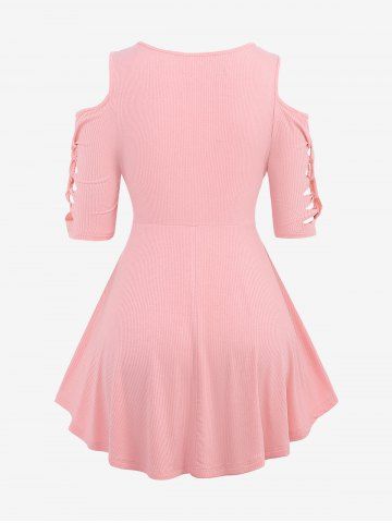 Plus Size Grommets Lace Up Ripped Braided Sleeve Ruffles Ruched Ribbed Textured T-shirt
