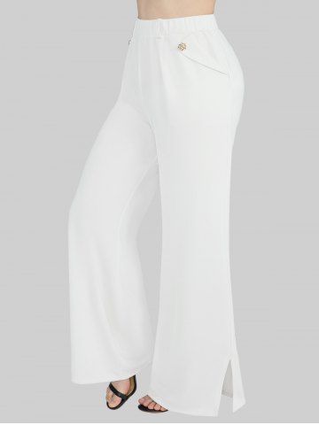 Pantalon Fente Latérale à Jambe Large en Couleur Unie de Grande Taille avec Poche - CRYSTAL CREAM - M | US 10