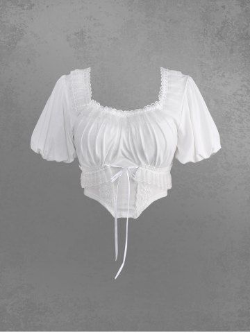 Gothic Puff Sleeves Floral Lace Panel Tied Ruffles Ruched Solid Asymmetric Cropped Top - WHITE - L | US 12