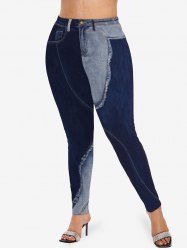 Plus Size 3D Frilled Topstitching Ombre Denim Pockets Print Skinny Leggings -  