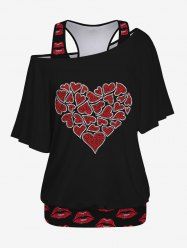 Plus Size Lip Printed Racerback Tank Top and Skew Neck Batwing Sleeves Heart Graphic Valentines T-shirt Set -  