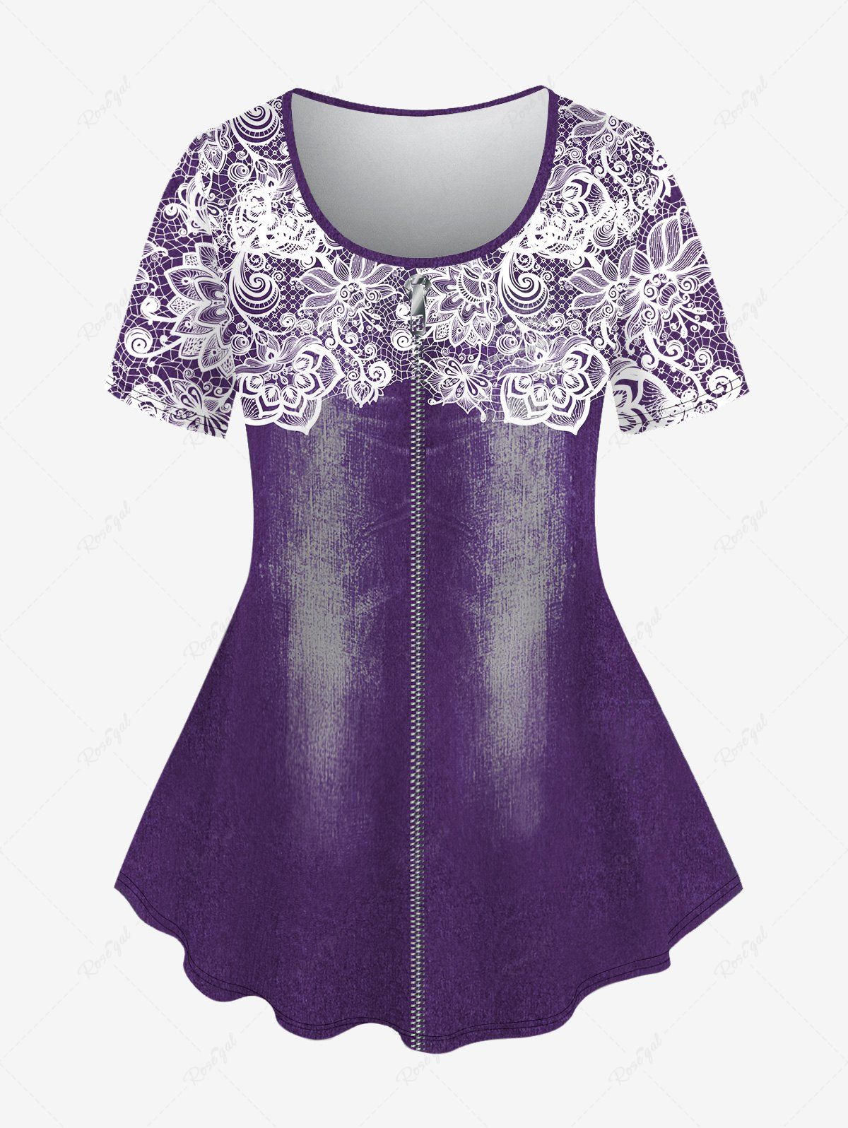 Chic Plus Size 3D Floral Lace Applique Zipper Distressed Denim Print Short Sleeves T-shirt  