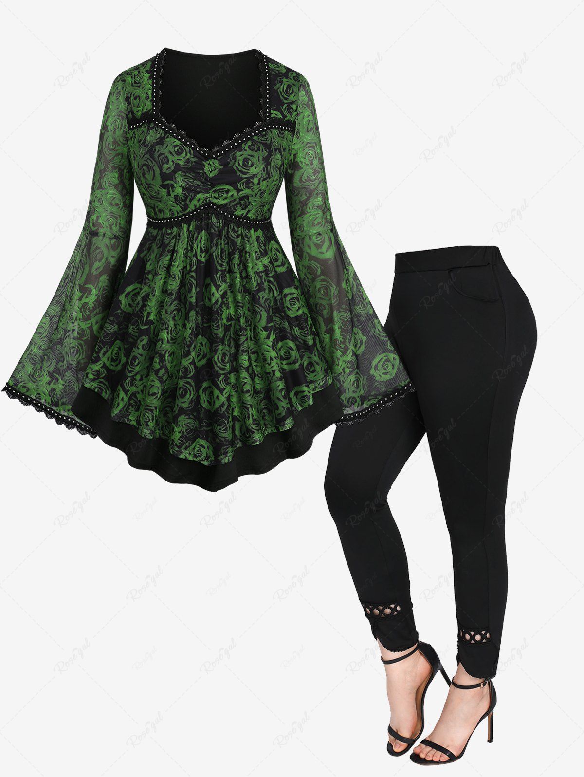 New Rose Flowers Printed Rivet Lace Trim Ruched Patchwork Bell Sleeve Top and Hollow Out Lace Trim Pockets Leggings Plus Size Outfit  