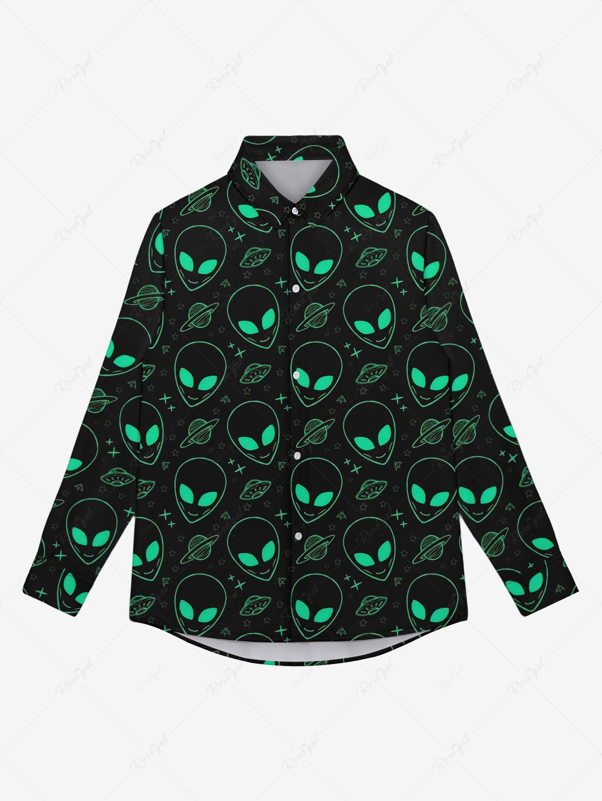 Hot Gothic Turn-down Collar Alien UFO Planet Print Buttons Shirt For Men  