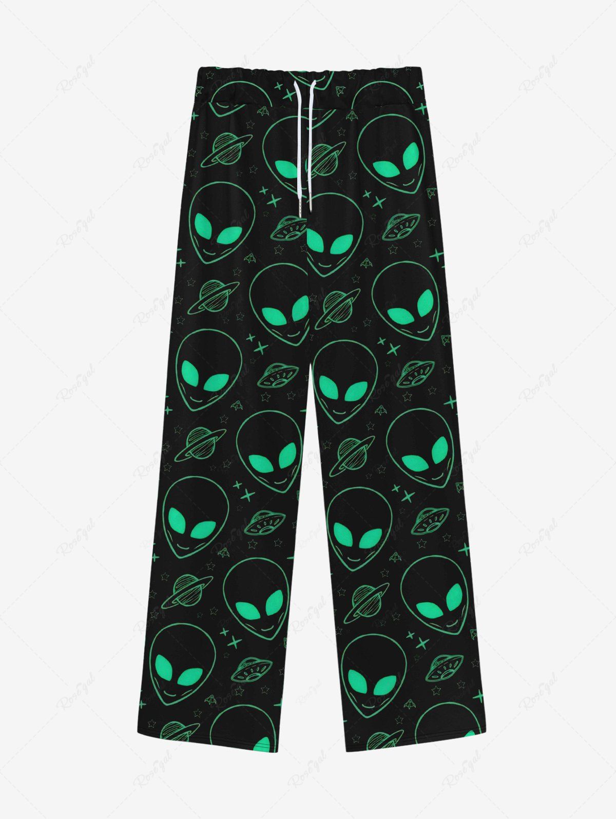 Best Gothic Alien UFO Planet Stars Print Drawstring Wide Leg Sweatpants For Men  